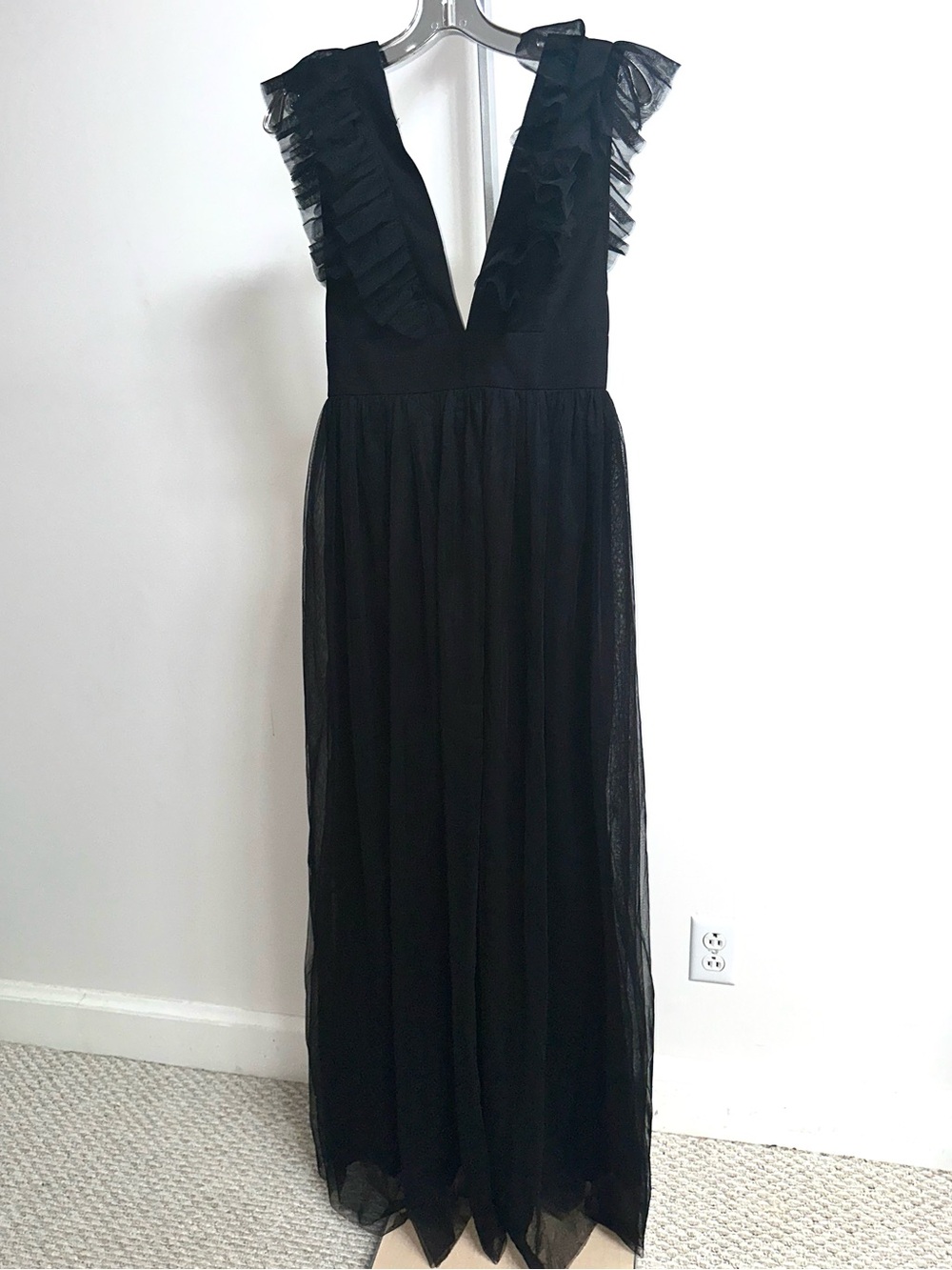 Black Ruffled V-Neck Tulle Maxi Dress